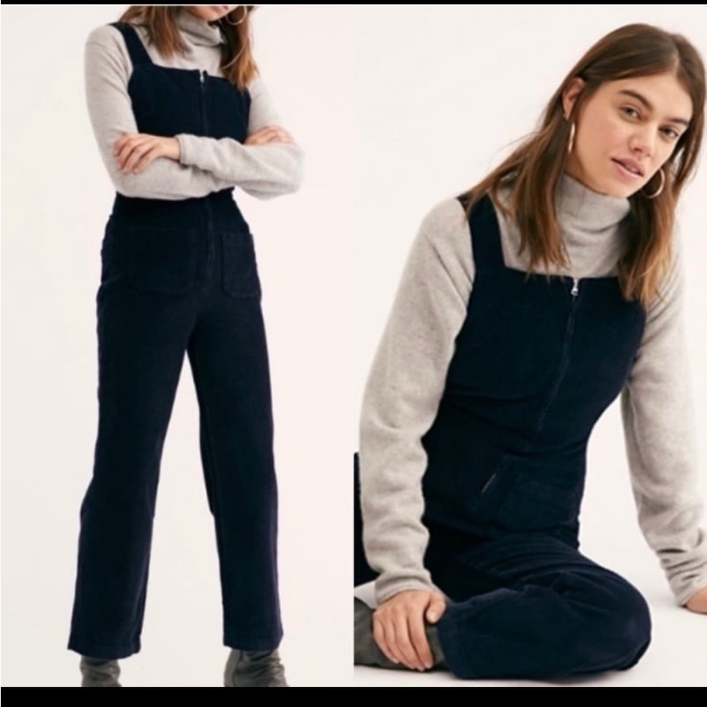 Free People Luna Cord Corduroy Overalls Navy Blue Front Patch Pocket